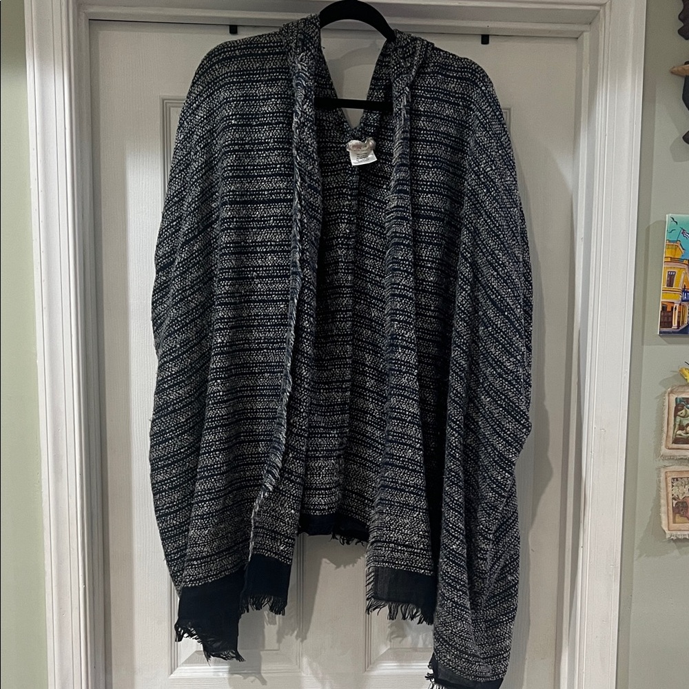 FREE PEOPLE Hooded Blue Gray Knit Striped Shawl Poncho